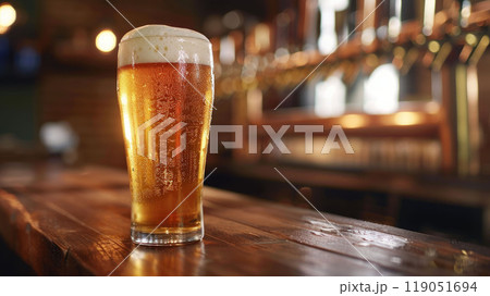Close-up of a frosty pint of golden craft beer with a thick, creamy foam head, placed on a rustic wooden bar. Close-up of a frosty pint of golden craft beer with a thick, creamy foam head, placed on a rustic wooden bar. 119051694