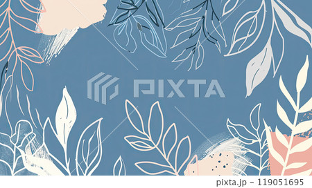 Blue background, featuring white lines of abstract leaves and plants. Hand-drawn style, a simple design and minimalist art. 119051695