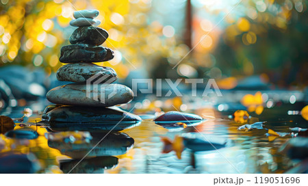 Stacked zen stones in the water. The scene is peaceful and serene, with the water reflecting the surrounding trees and the sky. Meditating in nature. Stacked zen stones in the water. The scene is peaceful and serene, with the water reflecting the surrounding trees and the sky. Meditating in nature. 119051696