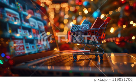 Close-up of a modern laptop screen displaying a Black Friday sale website, with a shopping cart full of items in the foreground. Close-up of a modern laptop screen displaying a Black Friday sale website, with a shopping cart full of items in the foreground. 119051706