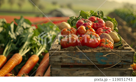 Close-up of fresh produce harvested by a farmer, displayed in a wooden crate. The crate contains vibrant vegetables like tomatoes, carrots, lettuce, and potatoes Close-up of fresh produce harvested by a farmer, displayed in a wooden crate. The crate contains vibrant vegetables like tomatoes, carrots, lettuce, and potatoes 119051743