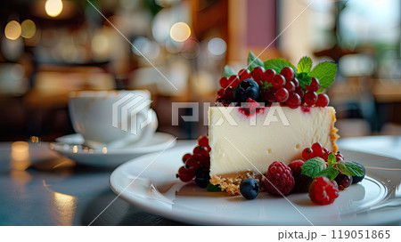 Close-up of a freshly baked slice of cheesecake topped with juicy berries and mint leaves, placed on a white plate. Close-up of a freshly baked slice of cheesecake topped with juicy berries and mint leaves, placed on a white plate. 119051865