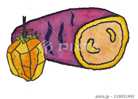 手描きの水彩画(絵手紙)「焼き芋」と「干し柿」 手描きの水彩画(絵手紙)「焼き芋」と「干し柿」 119052492