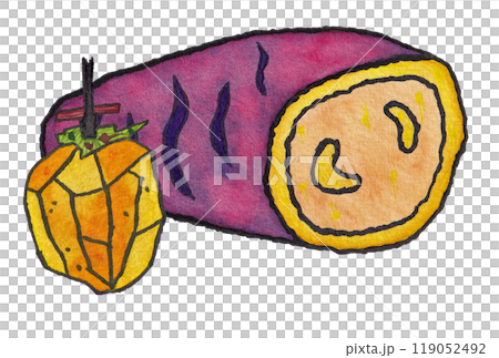 手描きの水彩画(絵手紙)「焼き芋」と「干し柿」 手描きの水彩画(絵手紙)「焼き芋」と「干し柿」 119052492