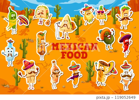 Mexican food characters stickers. Taco, quesadilla, burrito and guacamole, avocado, chili pepper, tequila, pulque bottle and churro, nacho chips and tamale. Fun Mexico cuisine personage vector patches 119052649