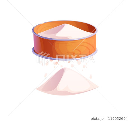 Flour being sifted through a wooden sieve, essential step in baking and cooking kitchen processes. Cartoon vector image captures light, airy texture of sifted flour, emphasizing culinary preparation 119052694