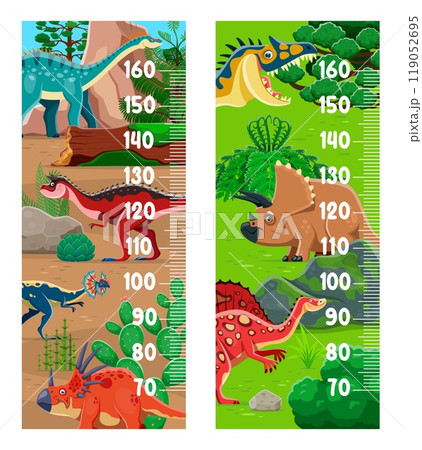 Prehistoric dinosaurs on kids height chart ruler in funny cartoon Jurassic dino park, vector background. Kids height chart or baby growth measure ruler with prehistoric cute dinosaurs and lizards Prehistoric dinosaurs on kids height chart ruler in funny cartoon Jurassic dino park, vector background. Kids height chart or baby growth measure ruler with prehistoric cute dinosaurs and lizards 119052695