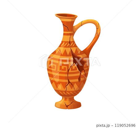 Ancient antique broken jug, cartoon museum ceramic pottery. Isolated cartoon vector old cracked earthenware pitcher. Vessel for wine or oil, artefact with cracks, greek or roman pattern and handle 119052696