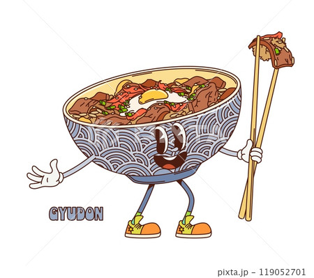 Cartoon retro groovy gyudon donburi character. Isolated vector playful bowl holding chopsticks and appears joyful. Fun and whimsical food personage, traditional Japanese dish and Asian cuisine 119052701