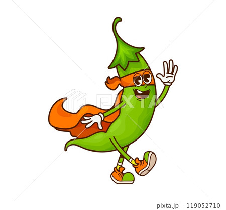Cartoon groovy legume or green pea pod superhero character with determined expression, wears orange cape and mask, fights evil with superhuman strength, powered by a diet of nutritious beans and nuts 119052710