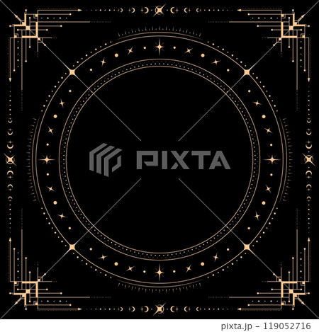 Mystic celestial square frame with golden line border and magic elements , vector background. Celestial square frame with Y2K star twinkles and abstract sacred geometry design for esoteric Tarot cards 119052716