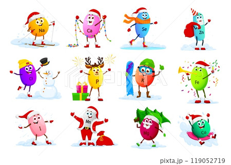 Cartoon mineral characters on Christmas winter holiday with Santa gifts, vector micronutrients. Funny happy Magnesium with Christmas tree, Calcium and snowman, Potassium mineral with snowboard 119052719