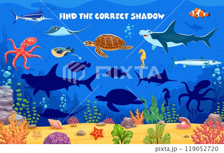 Find correct shadow of underwater sea animals and fishes for kids game, vector worksheet. Cartoon puzzle to find and match silhouette undersea turtle, stingray and seahorse with shark and octopus 119052720