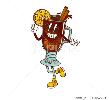 Cartoon retro groovy mulled wine character with funky freaky face, vector comic drink. Groovy retro cartoon mulled wine with cinnamon and orange dancing in fun with freaky face for positive vibe emoji 119052721