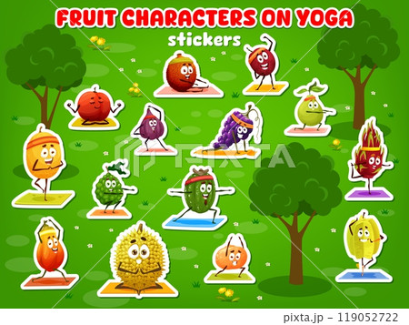 Cartoon fruits character stickers, yoga fitness. Vector fun and healthy melon, plum, bergamot and lychee, grape, passion fruit or pear. Dragonfruit, carambola, tangerine and durian doing asana poses 119052722