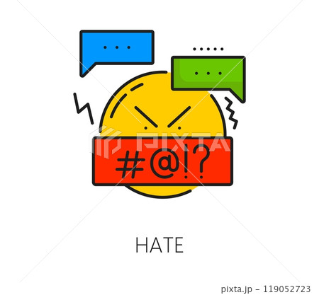Web blogging or social media hate line icon. Online content, web blogging problem or network social media bad comment thin line vector symbol. Blogger hate speech linear icon with swearing smile 119052723