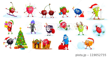 Cartoon Christmas berry characters, vector cute Xmas holiday fruit food personages. Funny strawberry, cherry, grapes and raspberry, cranberry and blueberry with Christmas tree, Santa gifts bag and hat 119052735