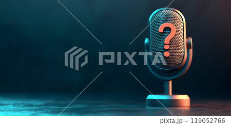 A microphone with a question mark symbol represents public speaking, media, communication, and uncertainty in an interview or broadcast. A microphone with a question mark symbol represents public speaking, media, communication, and uncertainty in an interview or broadcast. 119052766