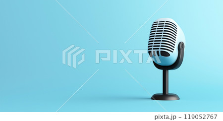 A vintage microphone stands against a blue background, symbolizing communication, broadcasting, public speaking, and media representation. A vintage microphone stands against a blue background, symbolizing communication, broadcasting, public speaking, and media representation. 119052767