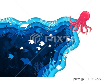 Paper cut underwater landscape with octopus and fish shoal or undersea animals, vector background. Sea or ocean underwater life in paper cut water with funny cartoon octopus character and jellyfish Paper cut underwater landscape with octopus and fish shoal or undersea animals, vector background. Sea or ocean underwater life in paper cut water with funny cartoon octopus character and jellyfish 119052776
