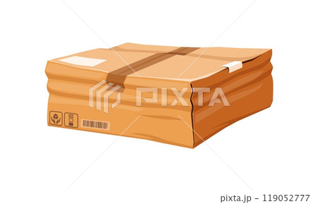 Damaged and crumpled cardboard box. Isolated cartoon vector broken, crushed and ripped package indicating mishandling or rough delivery process, issues in shipping, logistics and postal services Damaged and crumpled cardboard box. Isolated cartoon vector broken, crushed and ripped package indicating mishandling or rough delivery process, issues in shipping, logistics and postal services 119052777
