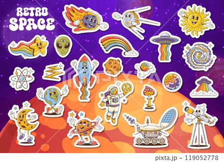 Cartoon retro groovy space characters stickers pack. Vector Sun, star with rainbow or alien head. Rocket, meteor, satellite and ufo, atom or lightning bolt. Earth, moon, planet with rings or astronaut 119052778