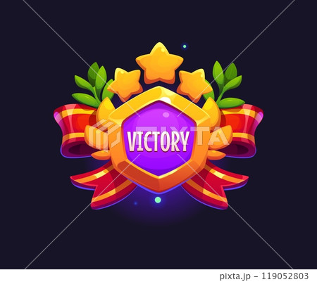 Game victory icon or award badge for bonus and level achievement asset, vector GUI element. Game level completed victory congratulations cartoon badge with golden stars, ribbons and laurel wreath 119052803