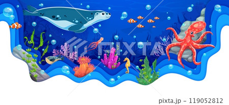 Cartoon paper cut underwater landscape with seal, octopus and seaweeds. 3d vector ocean ecosystem filled with fish, coral, bubbles and playful sea animals swimming among vibrant marine vegetation Cartoon paper cut underwater landscape with seal, octopus and seaweeds. 3d vector ocean ecosystem filled with fish, coral, bubbles and playful sea animals swimming among vibrant marine vegetation 119052812
