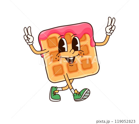 Groovy Belgian waffle dessert character. Cartoon vector cheerful breakfast personage with strawberry jam dripping. Delicious wafer, pastry snack, cute fresh appetizer, confectionery with smiling face Groovy Belgian waffle dessert character. Cartoon vector cheerful breakfast personage with strawberry jam dripping. Delicious wafer, pastry snack, cute fresh appetizer, confectionery with smiling face 119052823