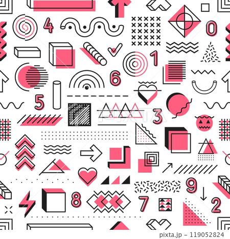 Abstract Memphis geometric shapes seamless pattern background, vector tile. Modern or retro hipster Memphis pattern of minimal geometric figures, numbers and halftone isometric elements for background 119052824