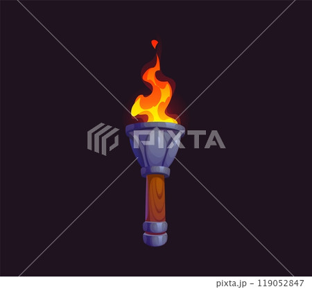Game medieval fire torch with burning fire. Isolated cartoon vector gui asset. Ancient flaming torchlight, lighting flambeau lantern with decorated handle. Illumination in dungeon or middle age castle Game medieval fire torch with burning fire. Isolated cartoon vector gui asset. Ancient flaming torchlight, lighting flambeau lantern with decorated handle. Illumination in dungeon or middle age castle 119052847