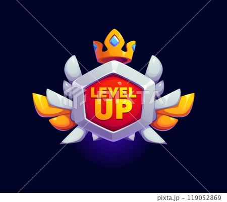 Level up game reward, rate icon features hexagonal shield, adorned with golden wings and a shining crown on top, symbolizing achievement, progression, advancement and milestones in gaming and apps Level up game reward, rate icon features hexagonal shield, adorned with golden wings and a shining crown on top, symbolizing achievement, progression, advancement and milestones in gaming and apps 119052869
