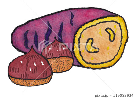 手描きの水彩画(絵手紙)「焼き芋」と「栗」 手描きの水彩画(絵手紙)「焼き芋」と「栗」 119052934