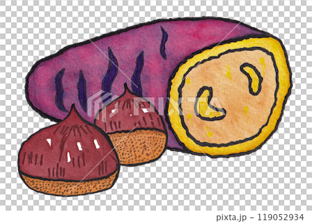 手描きの水彩画(絵手紙)「焼き芋」と「栗」 手描きの水彩画(絵手紙)「焼き芋」と「栗」 119052934