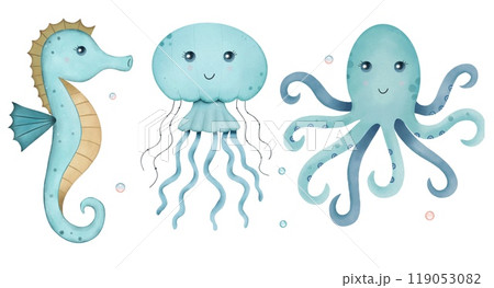 Hand drawn sea animals. Seahorse, octopus, jellyfish. Watercolor illustration Hand drawn sea animals. Seahorse, octopus, jellyfish. Watercolor illustration 119053082