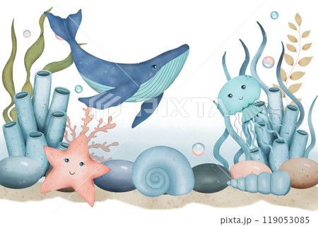 Sea border with a whale, jellyfish, algae, stones, bubbles, shells. Underwater world. Hand drawn watercolor illustration Sea border with a whale, jellyfish, algae, stones, bubbles, shells. Underwater world. Hand drawn watercolor illustration 119053085