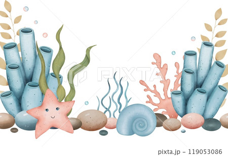 Sea border with algae, stones, bubbles, shells, starfish. Underwater world. Hand drawn watercolor illustration 119053086