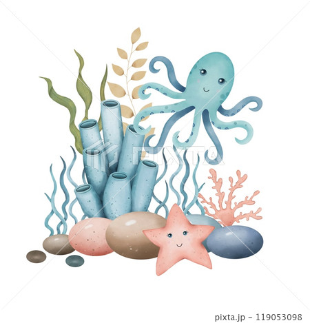 Sea composition with corals, stones, octopus. Underwater world. Watercolor Sea composition with corals, stones, octopus. Underwater world. Watercolor 119053098