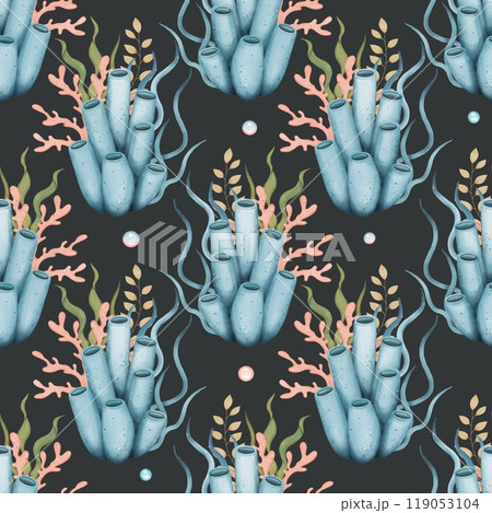 Marine seamless pattern with corals, algae. Watercolor illustration Marine seamless pattern with corals, algae. Watercolor illustration 119053104