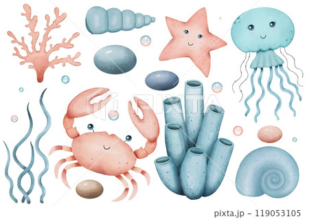 Set with sea animals, crab, jellyfish, algae, shells, starfish. Underwater world. Watercolor illustration Set with sea animals, crab, jellyfish, algae, shells, starfish. Underwater world. Watercolor illustration 119053105