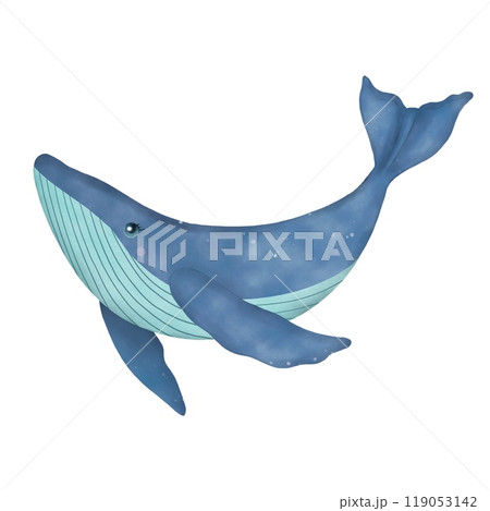 Hand drawn whale in turquoise and blue tones, watercolor illustration 119053142