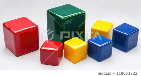 Vibrant colorful cubes of various sizes on white background for creative design and decoration Vibrant colorful cubes of various sizes on white background for creative design and decoration 119053222