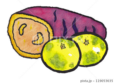 手描きの水彩画(絵手紙)「焼き芋」と「早生みかん」 119053635