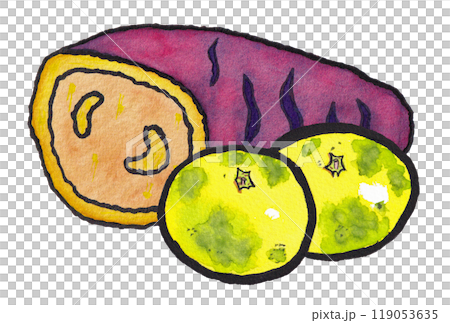 手繪水彩畫（信）《烤地瓜》《早橘子》 119053635