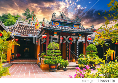 Beautiful ancient Asian Buddhist temple on the Vietnamese pagoda in old town in Hoi An in Vietnam in Asia at sunset Beautiful ancient Asian Buddhist temple on the Vietnamese pagoda in old town in Hoi An in Vietnam in Asia at sunset 119054116