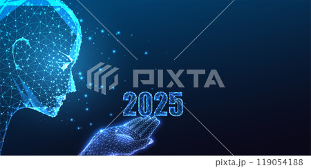 AI robotic head holds 2025 digits on dark blue background. Futuristic technology, obotics concept AI robotic head holds 2025 digits on dark blue background. Futuristic technology, obotics concept 119054188