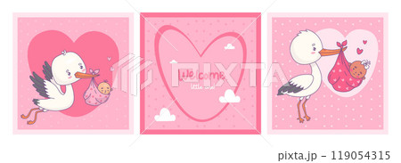 Cute white stork and newborn baby girl arrival. Cool square pink cards. Kids collection. Vector illustration. Cute white stork and newborn baby girl arrival. Cool square pink cards. Kids collection. Vector illustration. 119054315