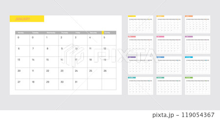 Calendar 2025 week start Monday 12 month color corporate design template vector. 119054367