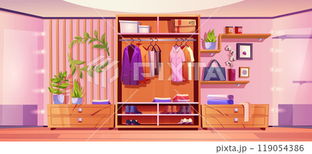 Closet room interior with organized male clothes Closet room interior with organized male clothes 119054386