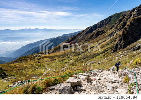 千畳敷カールの登山道八丁坂を登りながら後方を振り返り、カールから南アルプスを望む 119054394